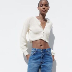 Zara Cropped Knit Cardigan in Beige
